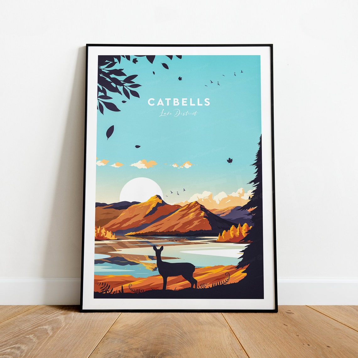 Catbells Lake District Mountain Deer Sunset Scene Travel Poster - Image 2