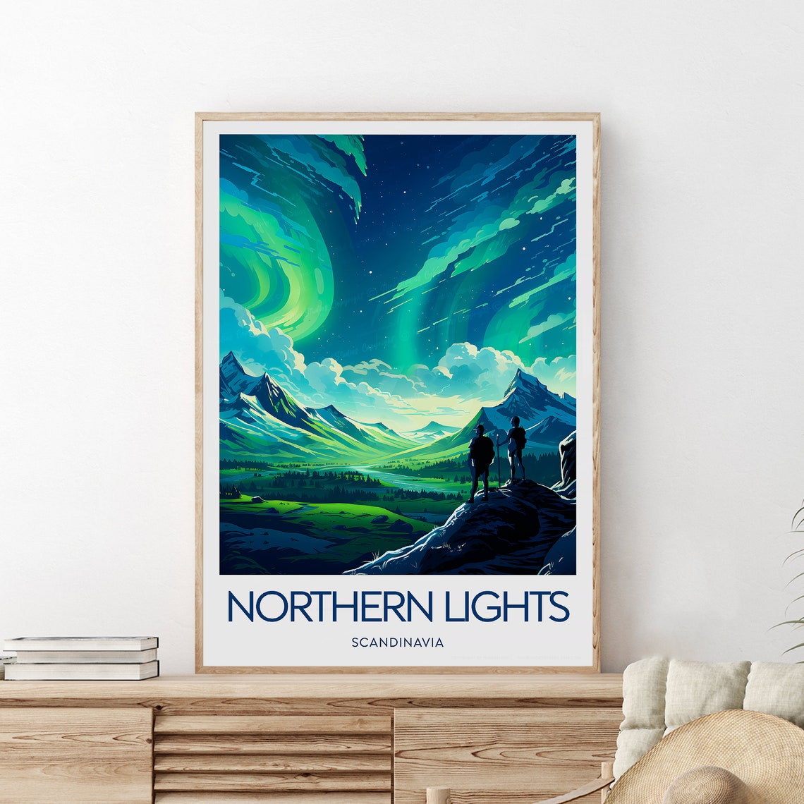 Northern Lights Scandinavia Aurora Over Snowy Mountains Travel Poster