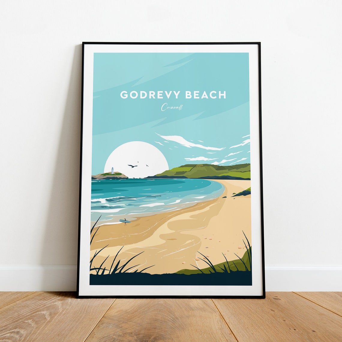 Godrevy Beach Cornwall Golden Bay With Lighthouse in Sun Poster - Image 2