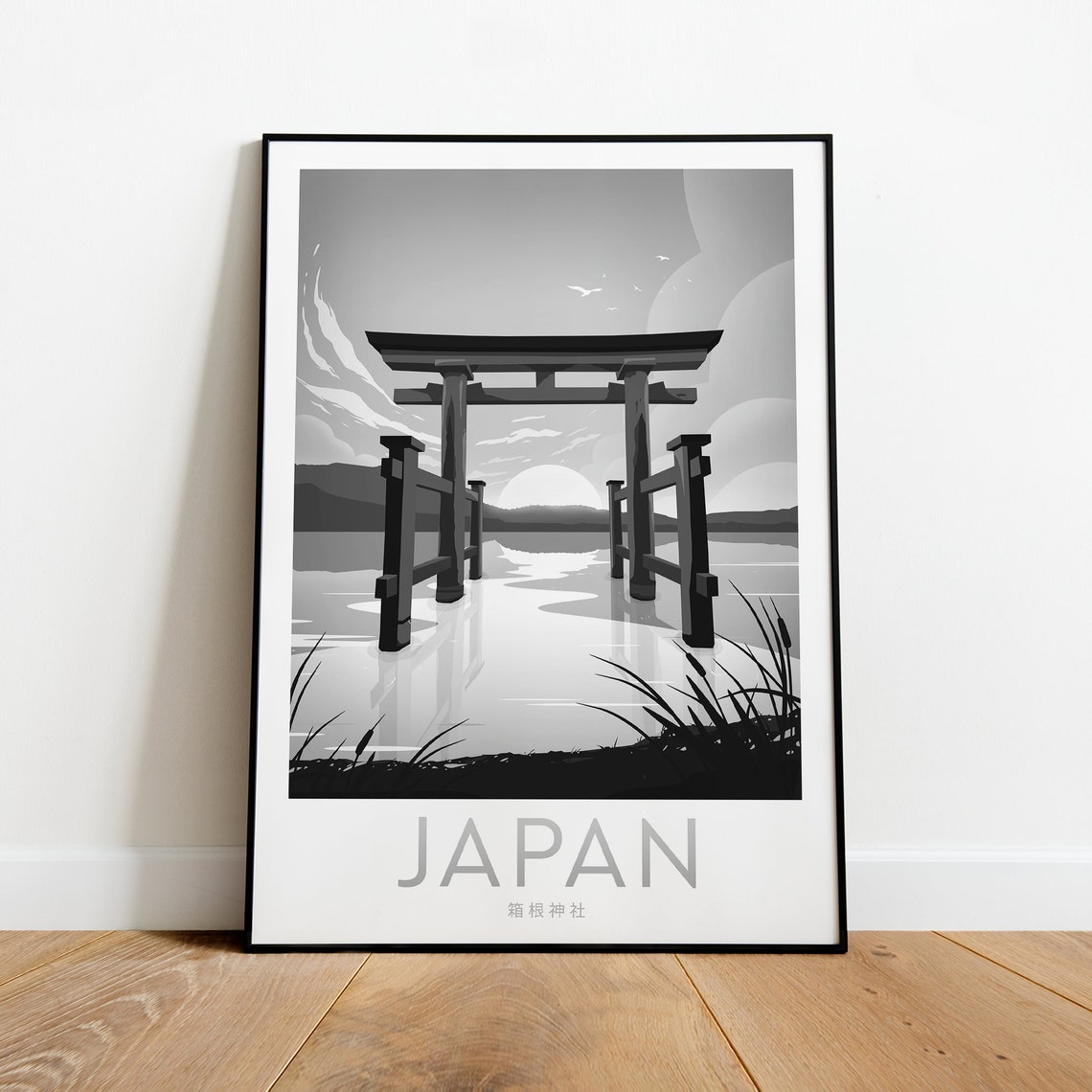 Japan Hakone Shrine Torii Gate Sunset Black White Art Poster - Image 2