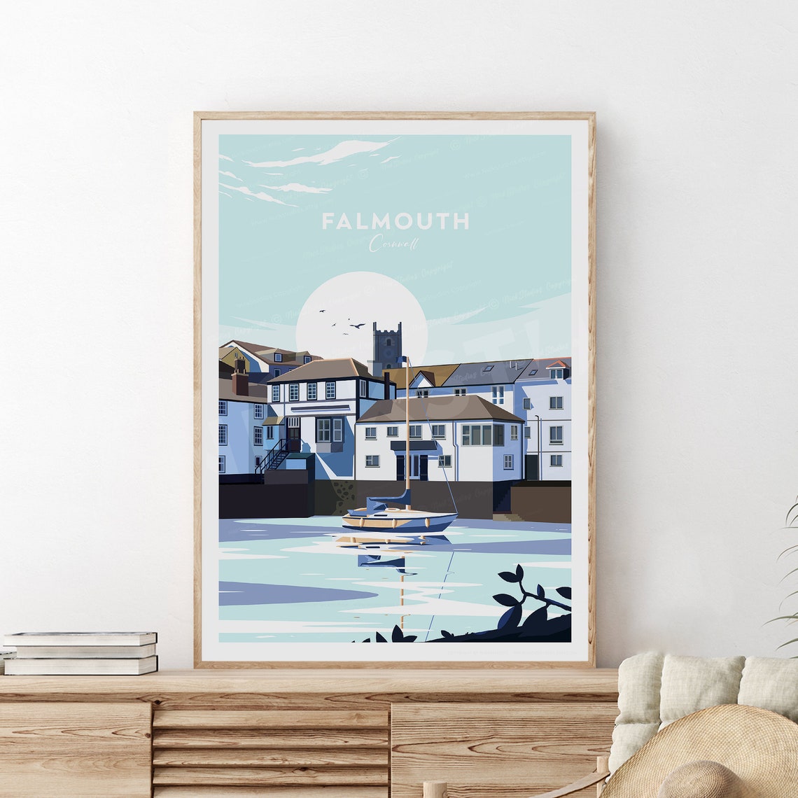 Falmouth Cornwall Evening Harbor Sailboat Under Moonlight Poster