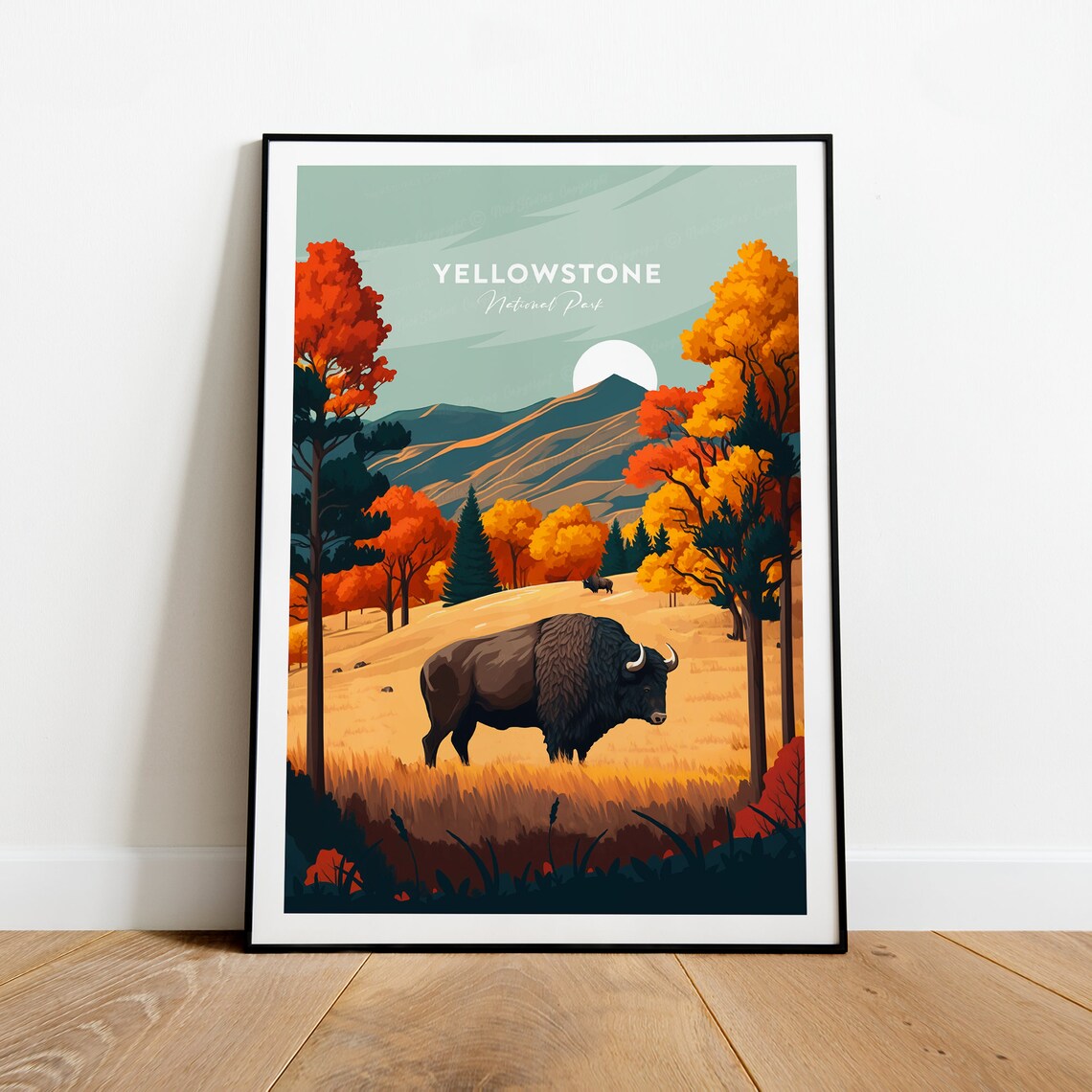Yellowstone National Park Bison Autumn Meadow Wildlife Art Poster - Image 2