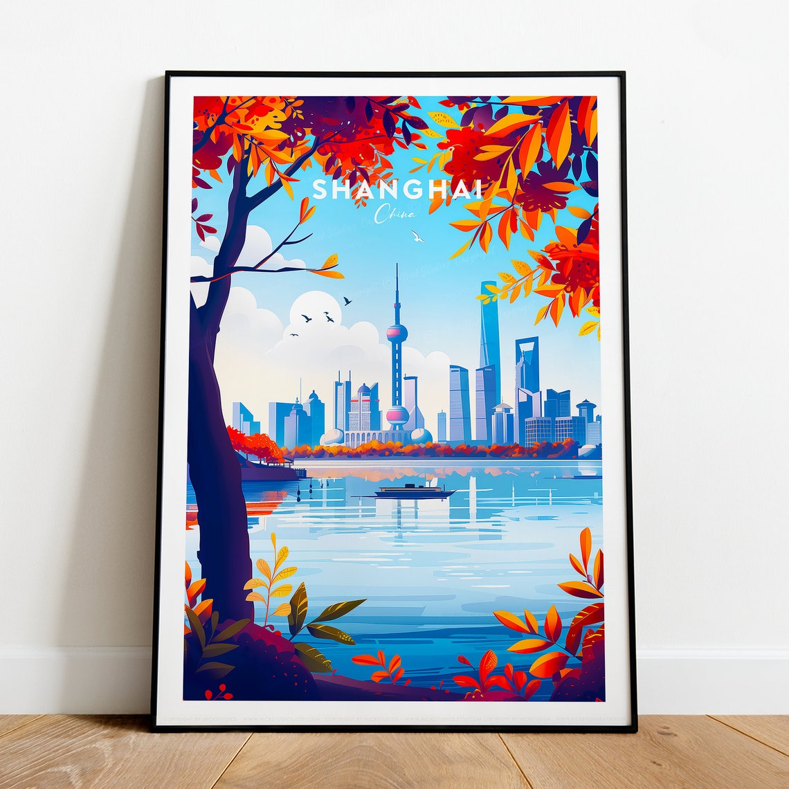 Shanghai China Skyline Oriental Pearl Autumn River Travel Poster - Image 2