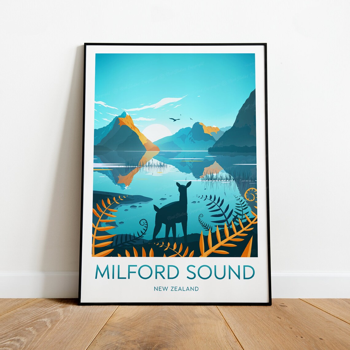 Milford Sound New Zealand Deer Silhouette Fjord Travel Poster - Image 2