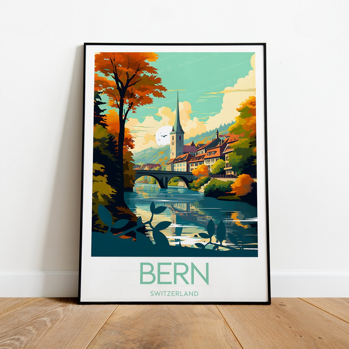 Bern Switzerland Autumn Riverside Bridge And Old Town Skyline Poster - Image 2