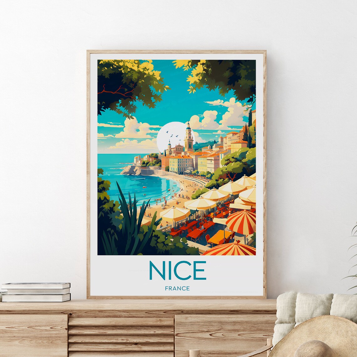 Nice France Coastal Beach Umbrellas Riviera Vintage Travel Poster