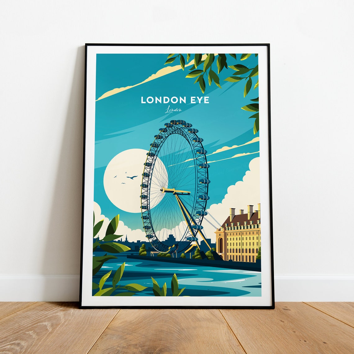 London Eye London Teal Sky Sunny Day Great Wheel River Poster