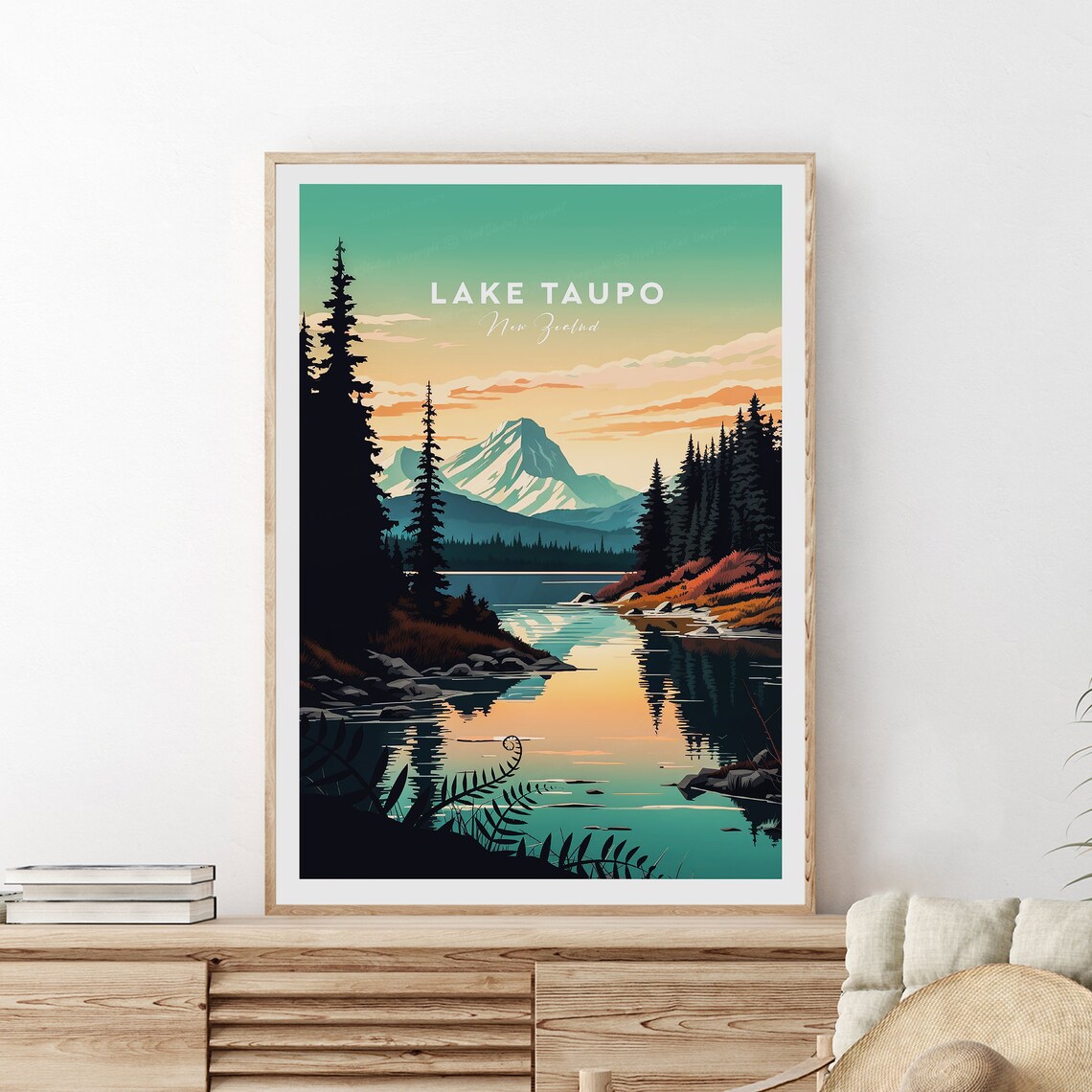 Lake Taupo New Zealand Mountain Reflection Sunset Water Travel Poster