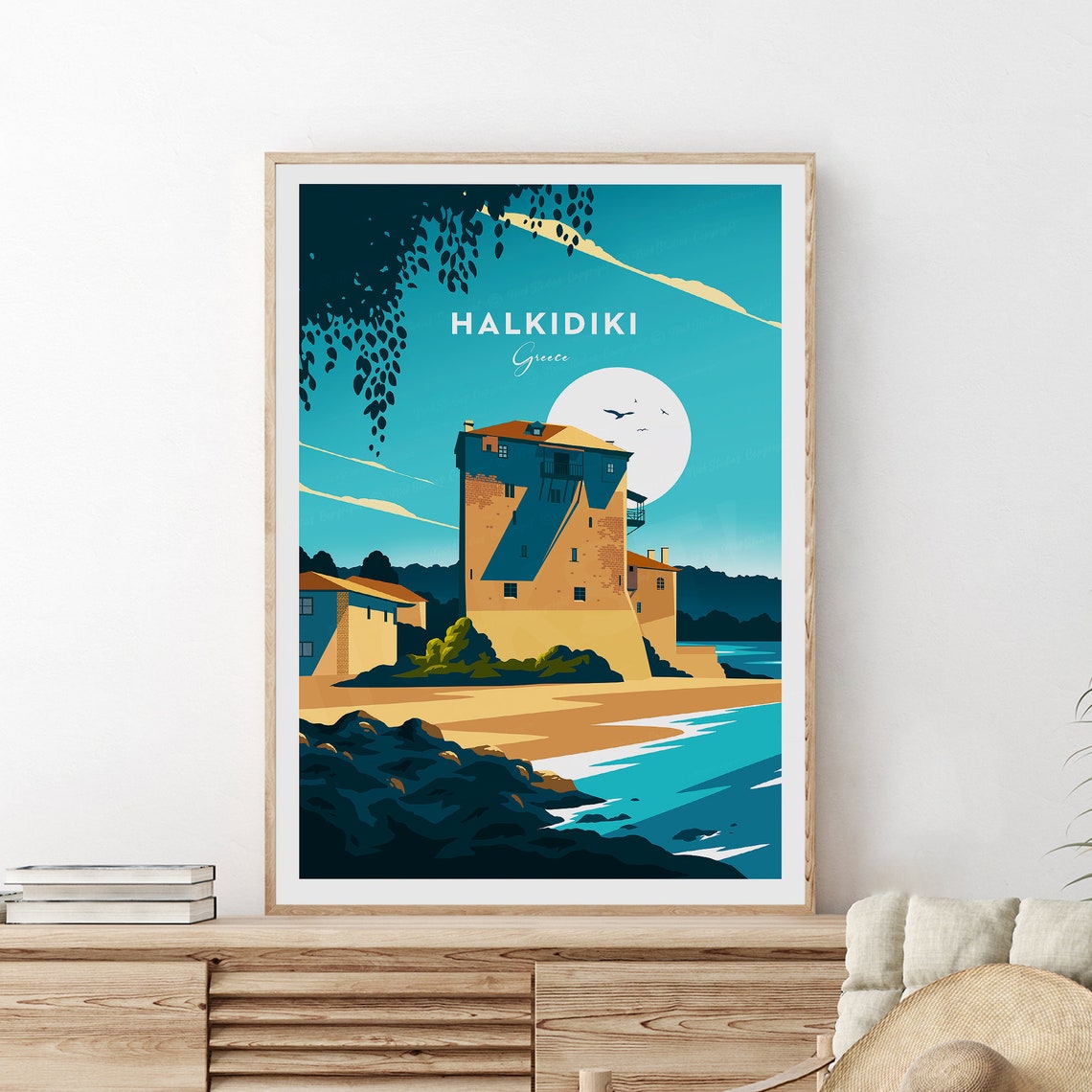 Halkidiki Greece Stone Tower Beach Golden Sunset Travel Poster