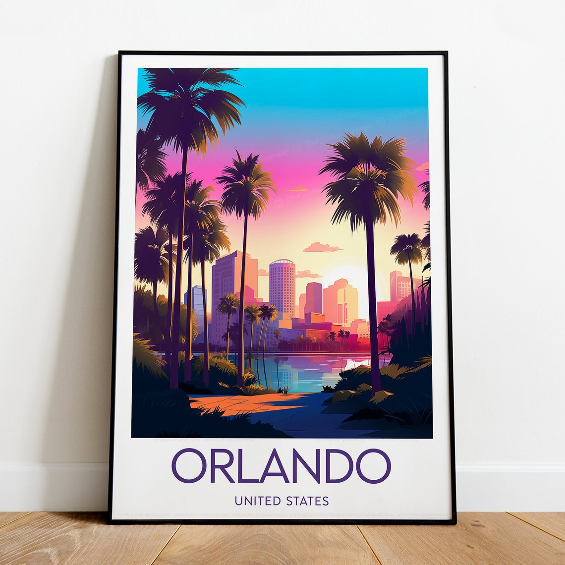 Orlando Florida Palm Tree Skyline Neon Sunset Lakeside Scene Poster
