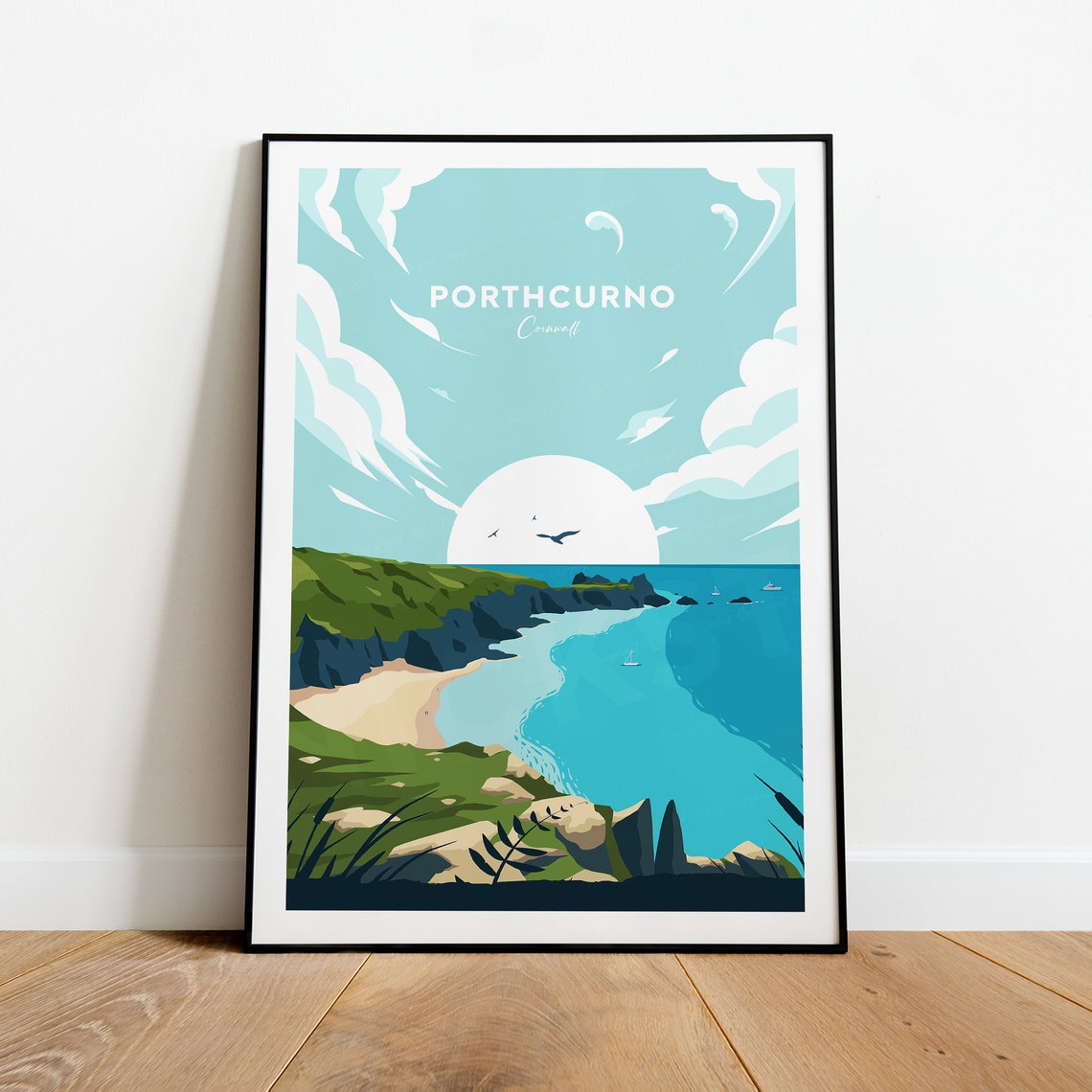 Porthcurno Cornwall Travel Poster with Dramatic Cliffs and Blue Bay