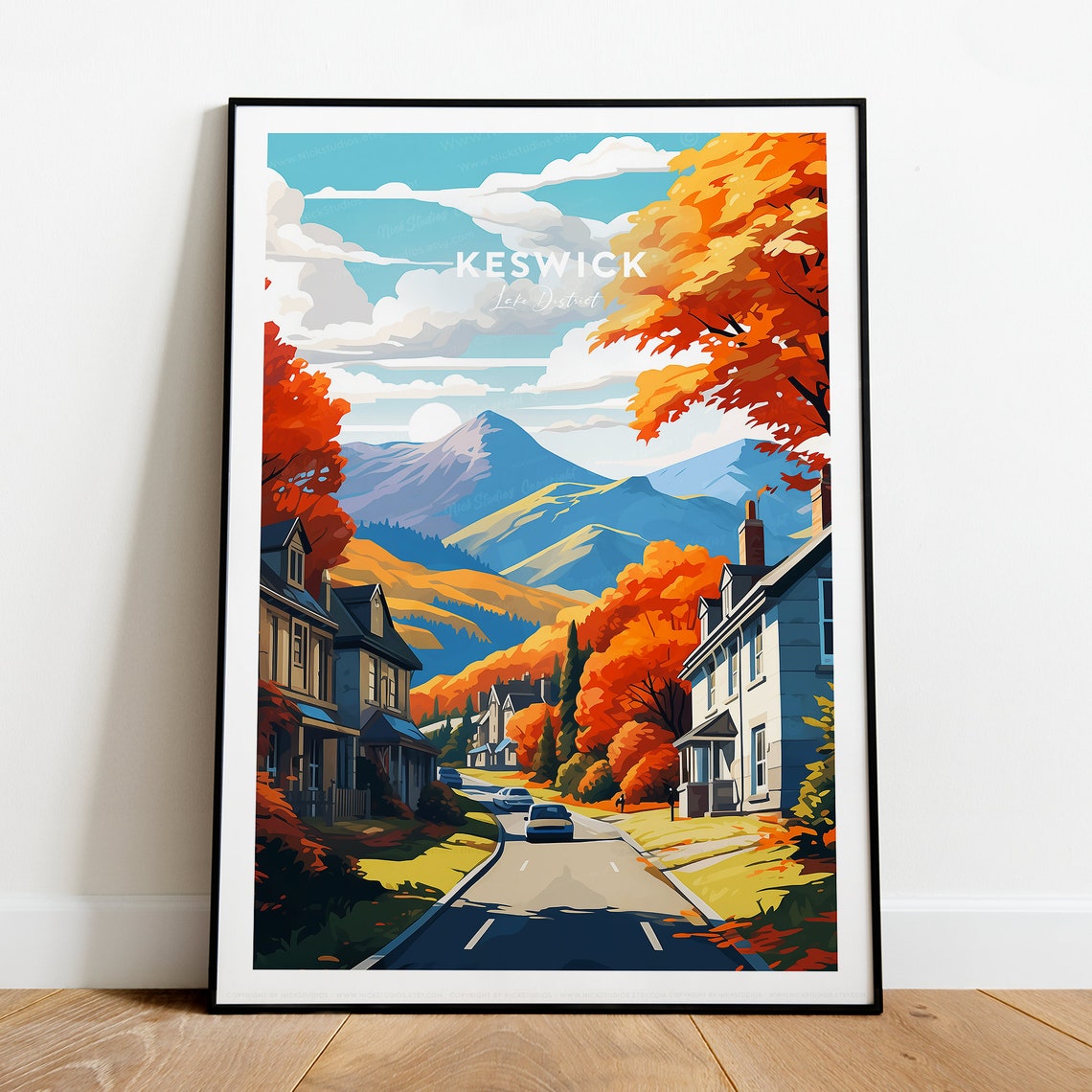 Keswick Lake District Autumn Street With Fell Views Scene Poster
