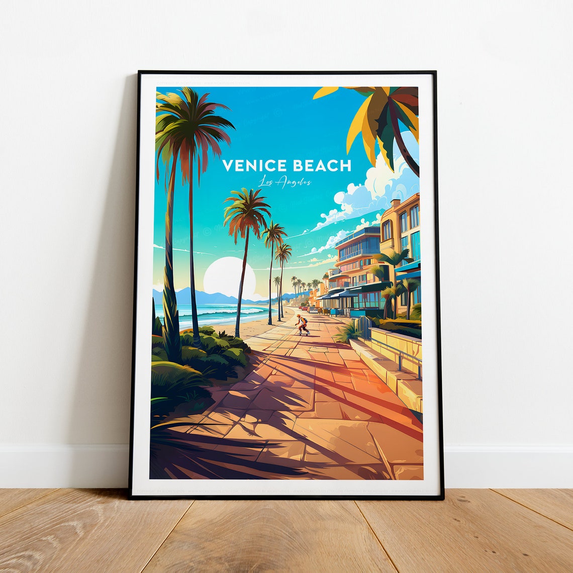 Venice Beach Los Angeles Palm Lined Boardwalk Sunset Travel Poster