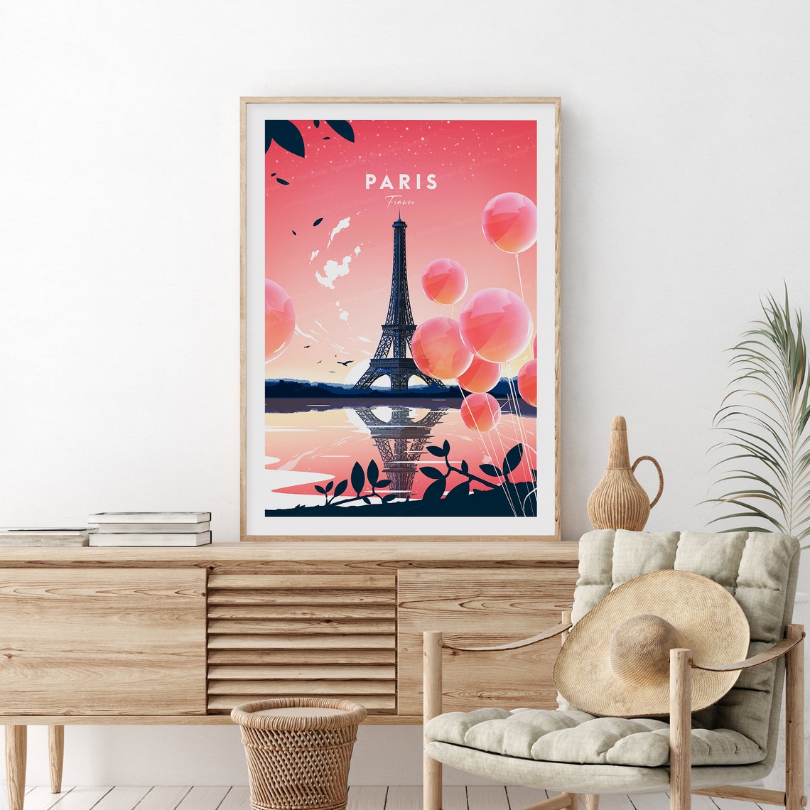 Eiffel Tower Paris Dreamy Pink Sunset Balloons France Travel Poster