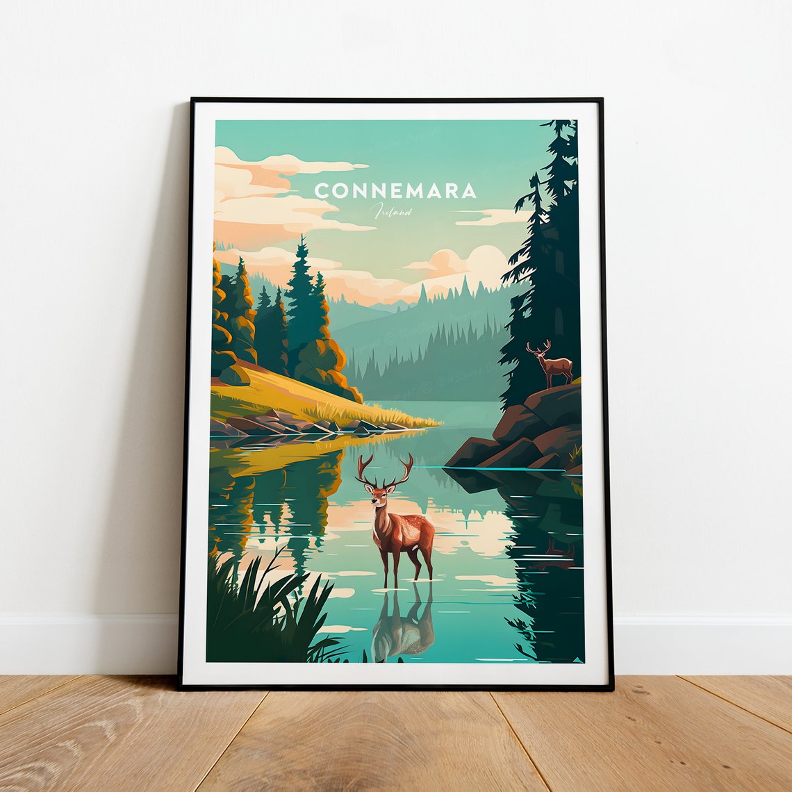 Connemara Ireland Stag Standing At A Still Pine Forest Lake Poster