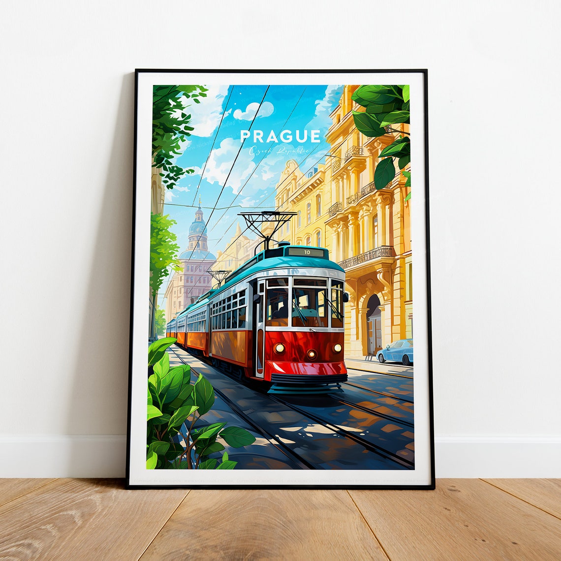 Prague Czech Republic Vintage Red Tram Street Scene Travel Poster - Image 2