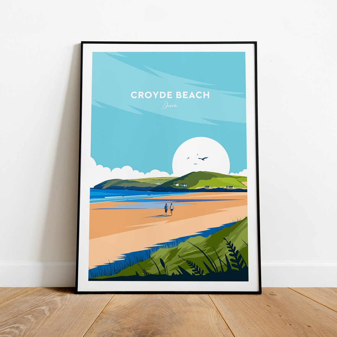 Croyde Beach Devon Walkers Dunes Golden Hour Coast Travel Poster