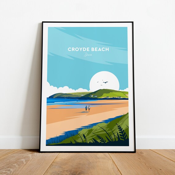 Croyde Beach Devon Walkers Dunes Golden Hour Coast Travel Poster