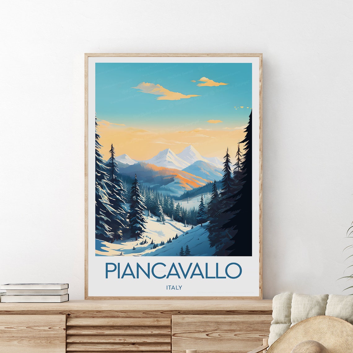 Piancavallo Italy Snowy Ski Slopes Pine Forest Sunset Travel Poster - Image 2