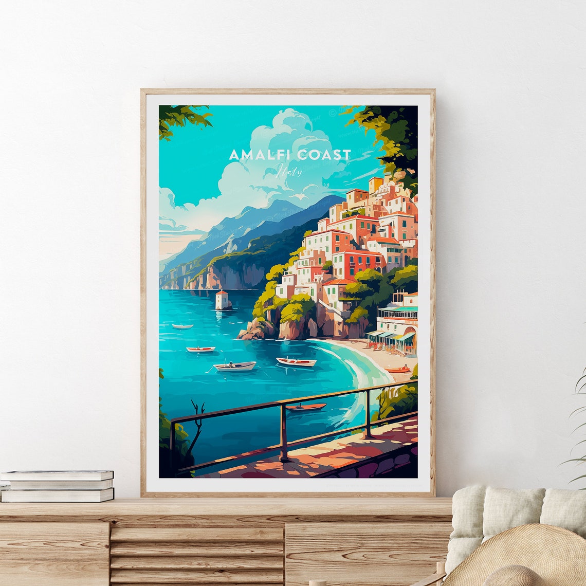 Amalfi Coast Cliffside Village and Turquoise Cove Italy Poster - Image 2