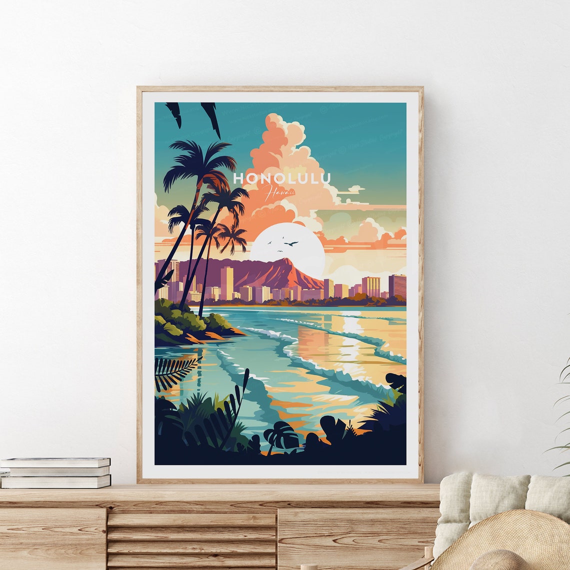 Honolulu Hawaii Diamond Head Sunset Palm Beach Travel Poster