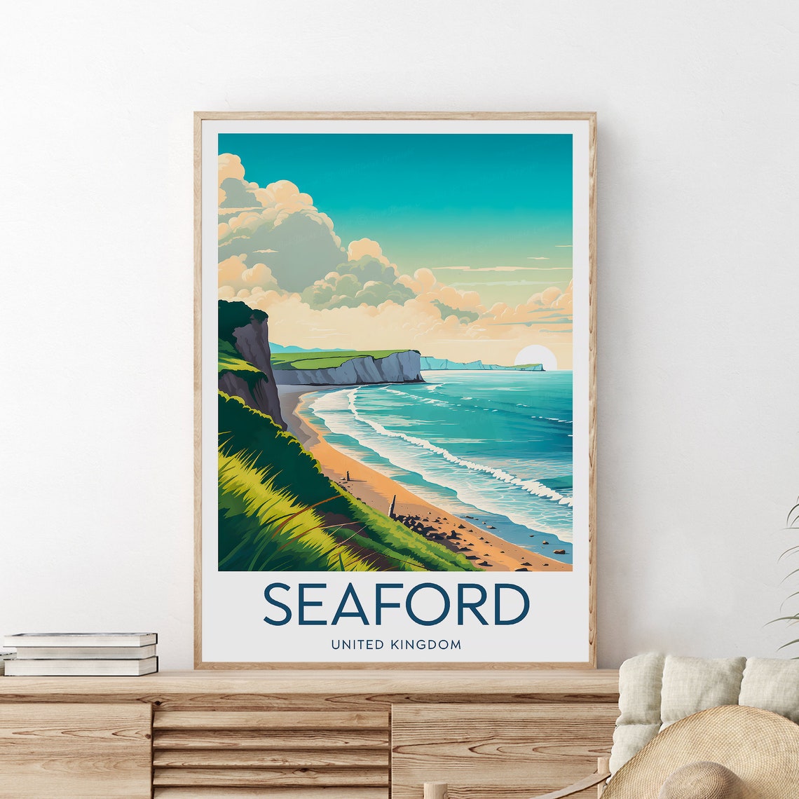Seaford East Sussex Chalk Cliffs Beach Bay Coast Travel Poster