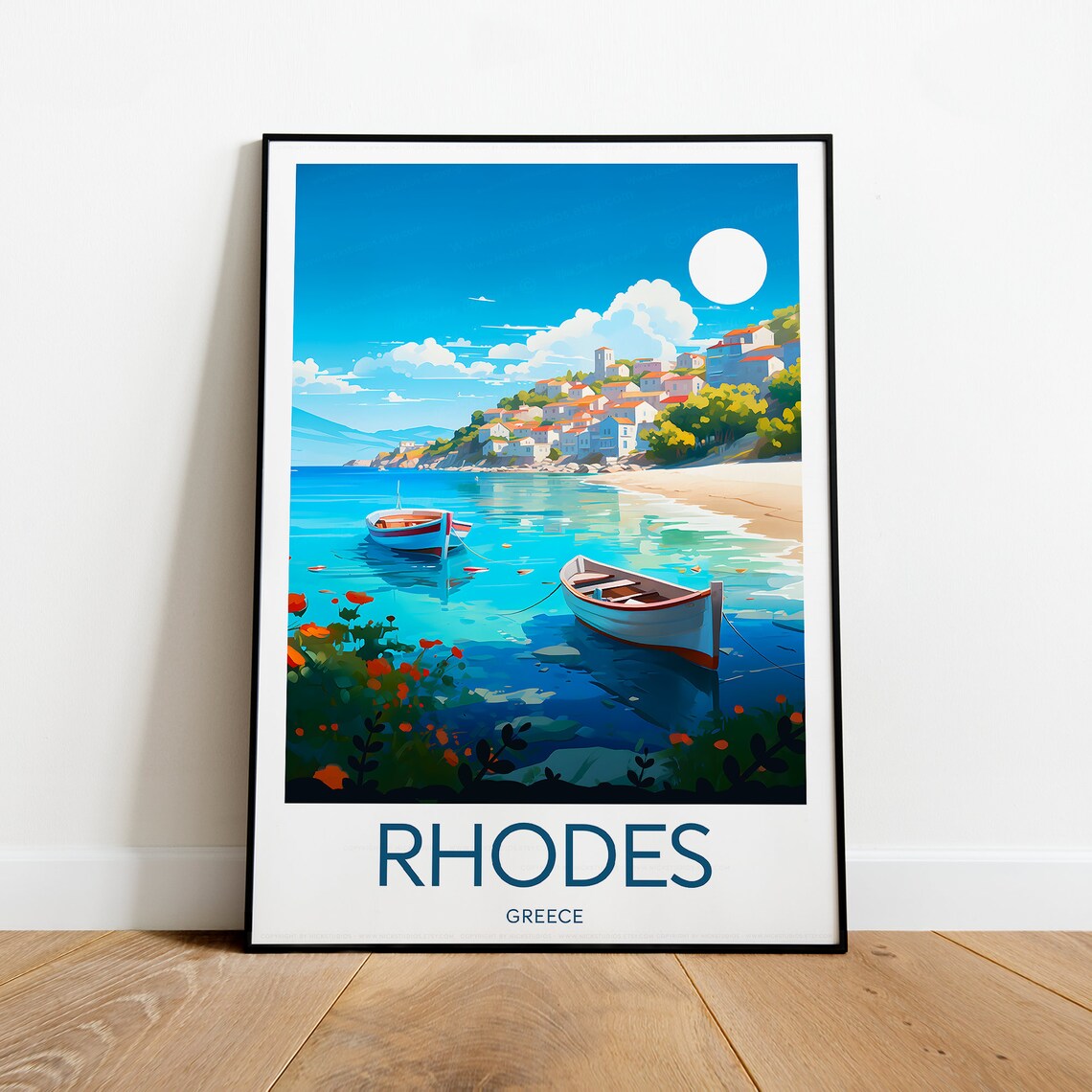 Rhodes Greece Harbor Fishing Boats Old Town Hillside Travel Poster