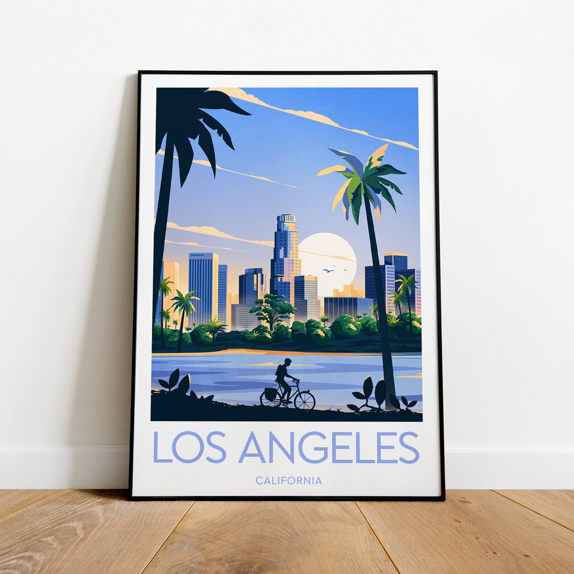 Los Angeles Skyline at Sunset with Palm Trees and Cyclist Poster - Image 2