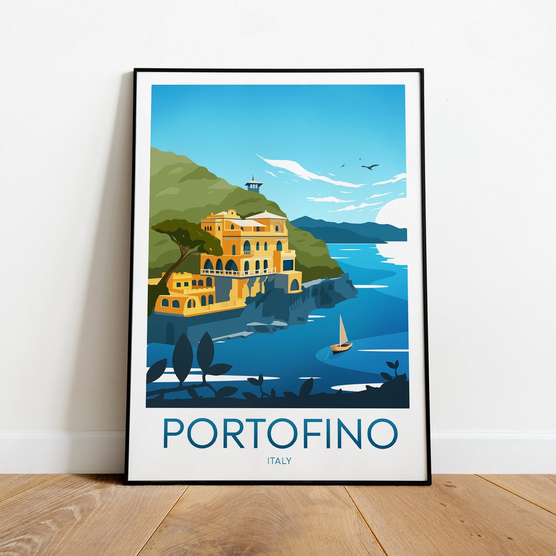 Portofino Italy Cliffside Villa Sailboat Seaside Travel Poster - Image 2