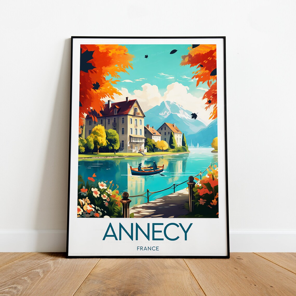 Annecy France Autumn Lake Boats Alpine Mountains Travel Poster