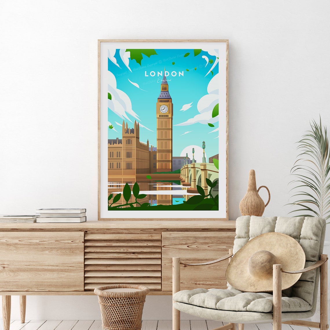 London Big Ben Clock Tower Thames River England Travel Poster