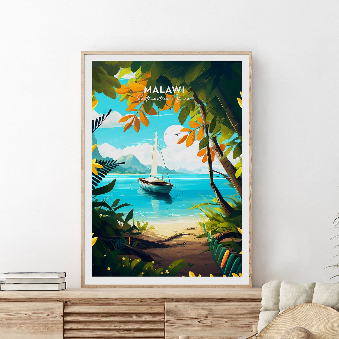 Malawi Southeastern Africa Lake Sailboat Tropical Travel Poster