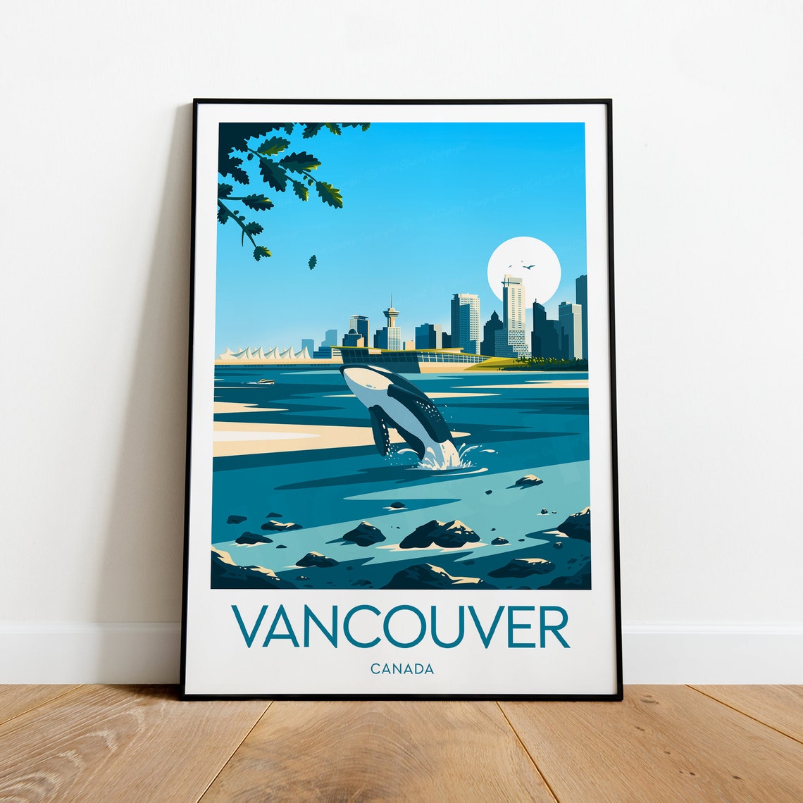 Vancouver Canada Orca Breaching Skyline Vintage Travel Poster