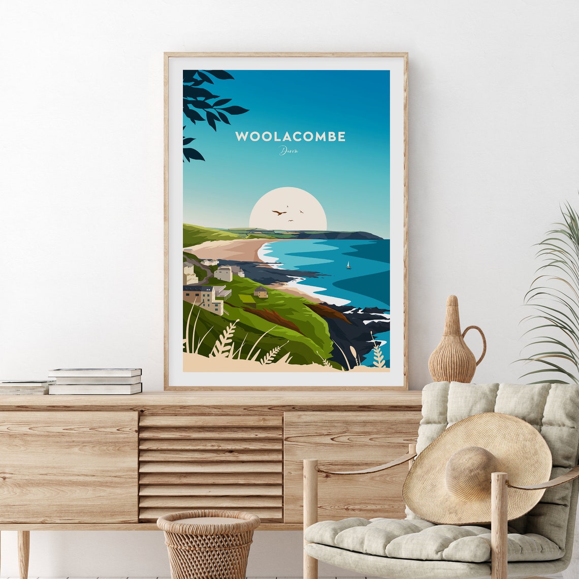 Woolacombe Devon Coastal Bay Cliffs Sailboat View Travel Poster - Image 2