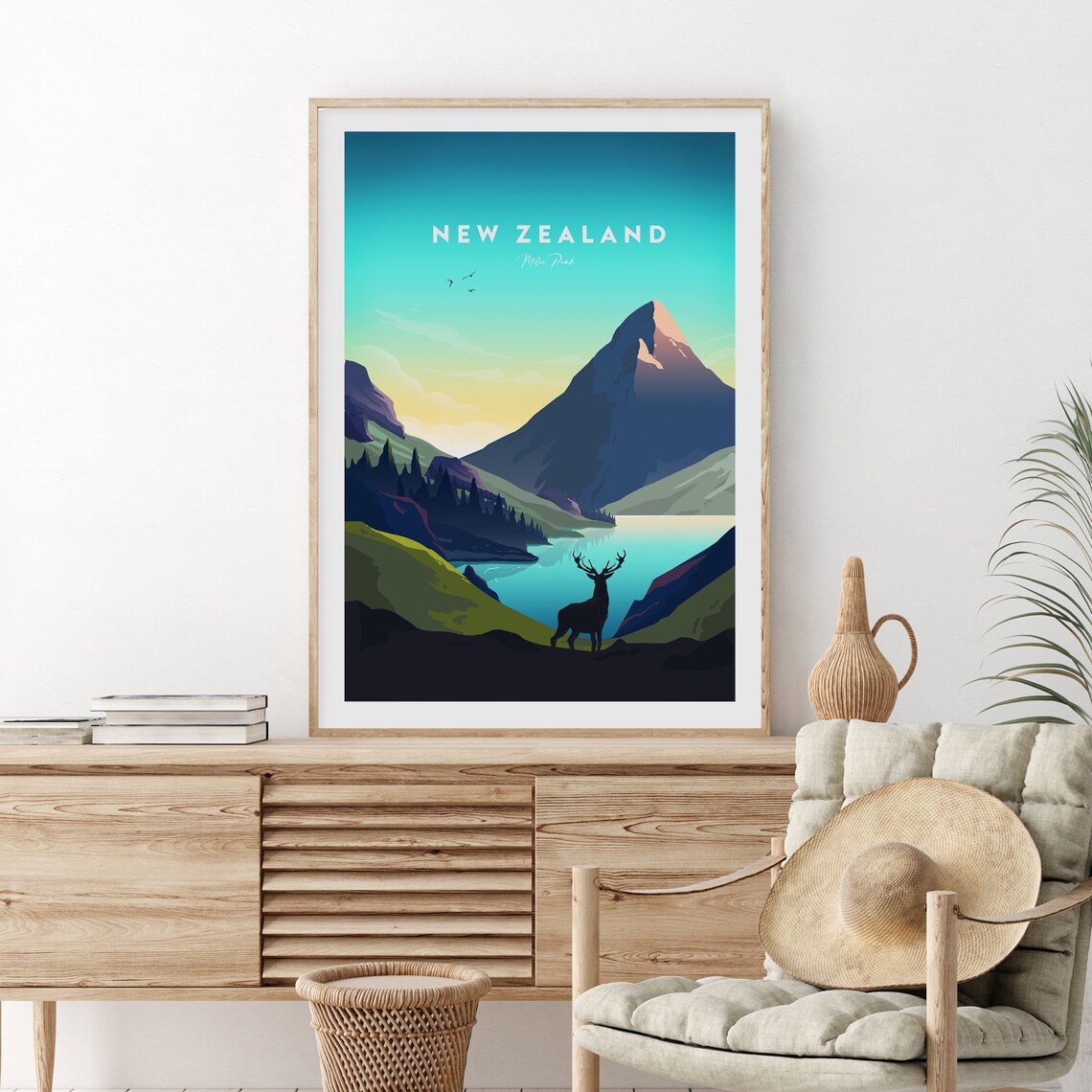 New Zealand Mitre Peak Mountain Lake Sunset Dusk Travel Poster