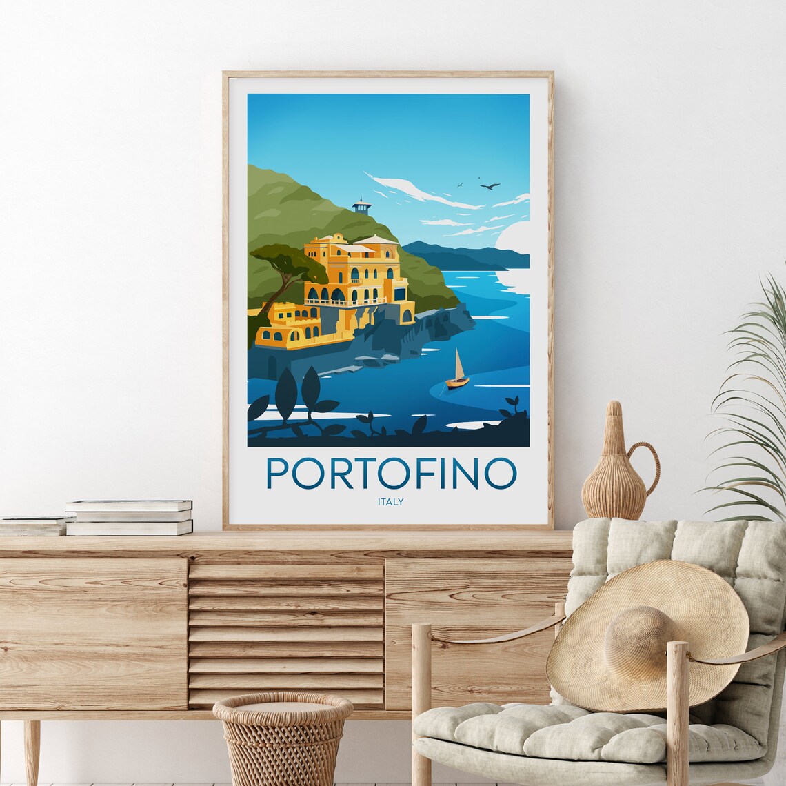 Portofino Italy Cliffside Villa Sailboat Seaside Travel Poster