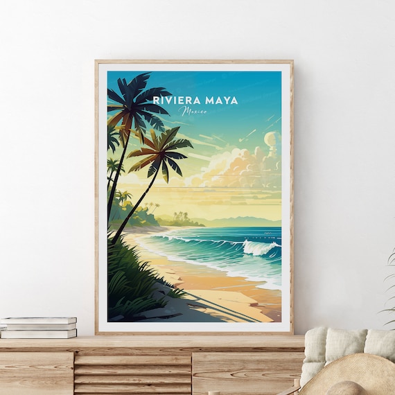 Riviera Maya Mexico Caribbean Beach Palm Trees Travel Poster