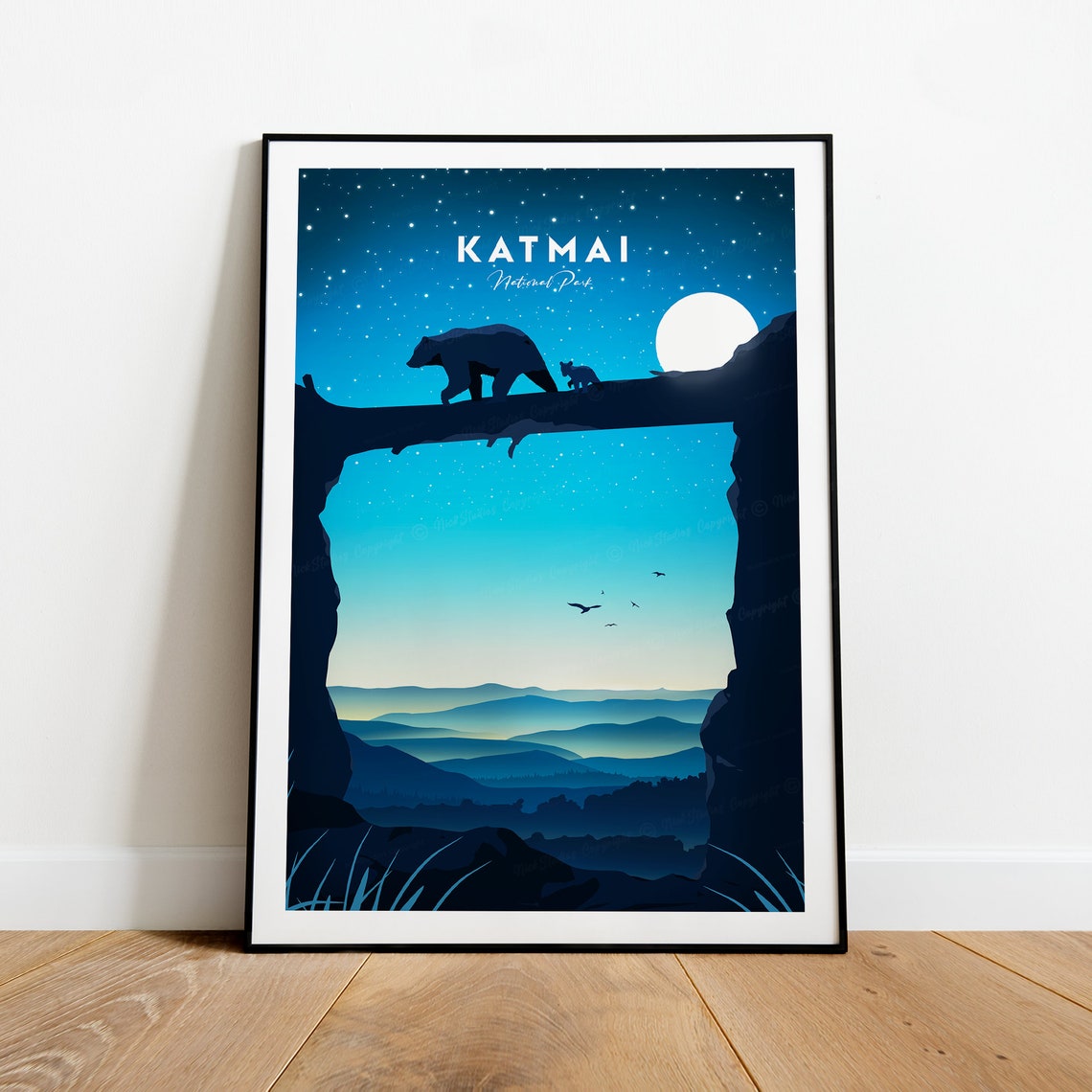 Katmai National Park Moonlit Bears Ridge Night Sky Scene Poster - Image 2
