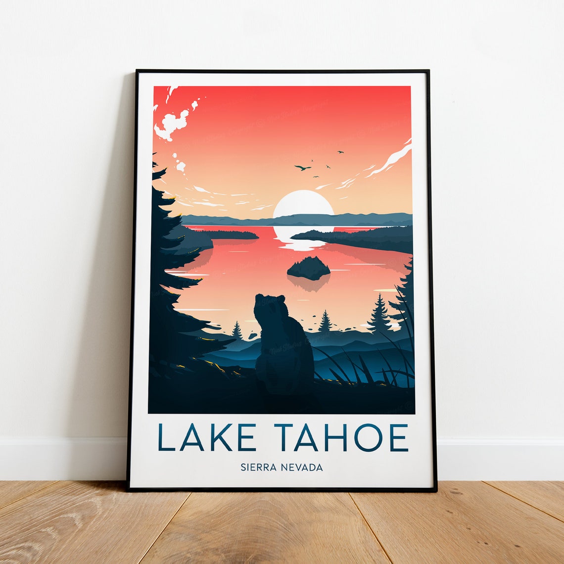Lake Tahoe Sierra Nevada Sunrise Bear Lakeside Scenic Travel Poster