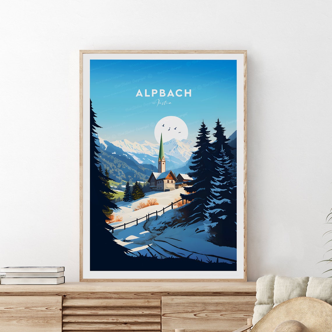 Alpbach Austria Winter Church Snowy Alpine Village Travel Poster