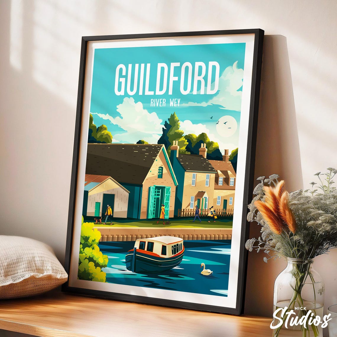 Guildford River Wey Narrowboat Scene Classic Vintage Text Poster