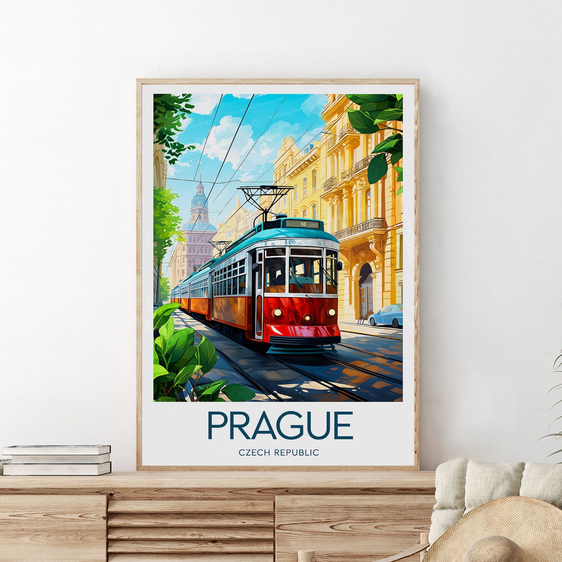 Prague Czech Republic Red Tram Old Town Street Travel Poster - Image 2