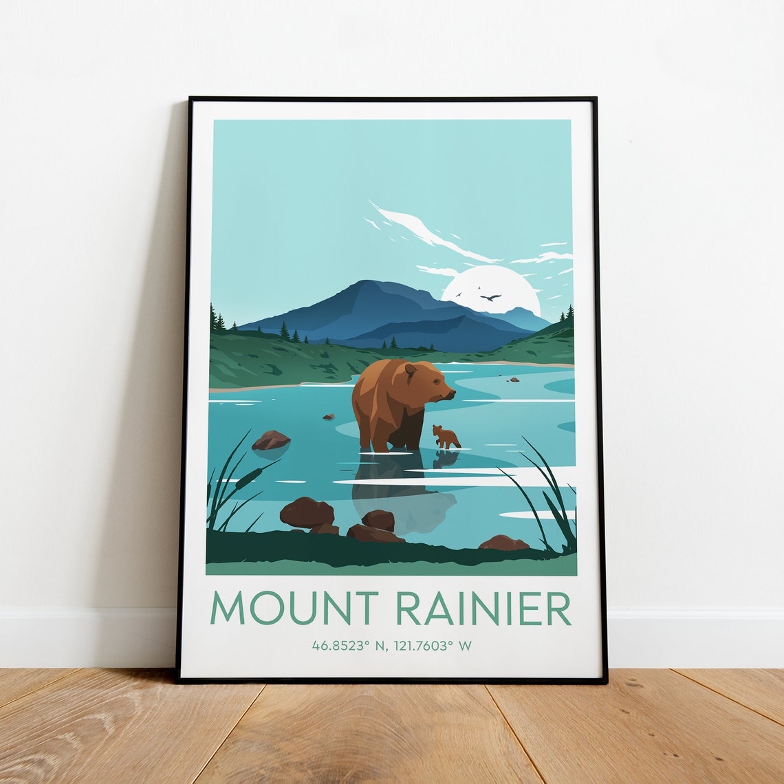 Mount Rainier Brown Bear and Cub Lake Coordinates Wildlife Poster