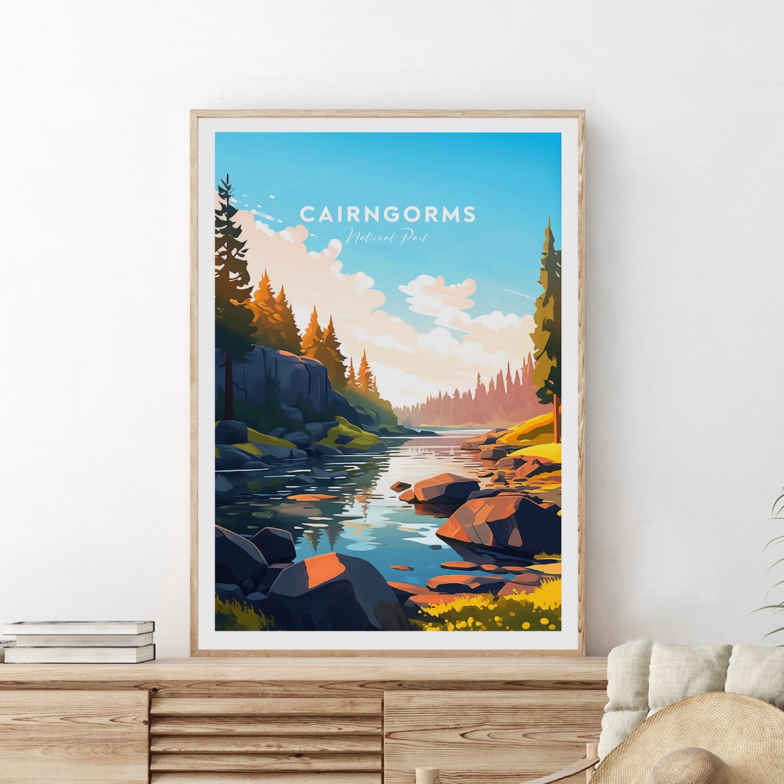 Cairngorms National Park River Pines Sunset Wilderness Travel Poster