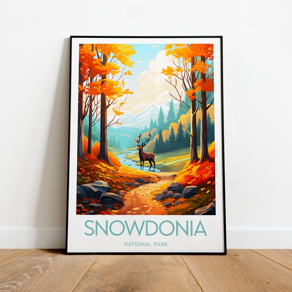 Snowdonia National Park Autumn Deer Forest Vintage Travel Poster - Image 2