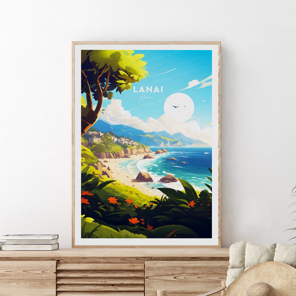 Lanai Hawaii Flowered Beach Overlook In-Image Text Travel Poster
