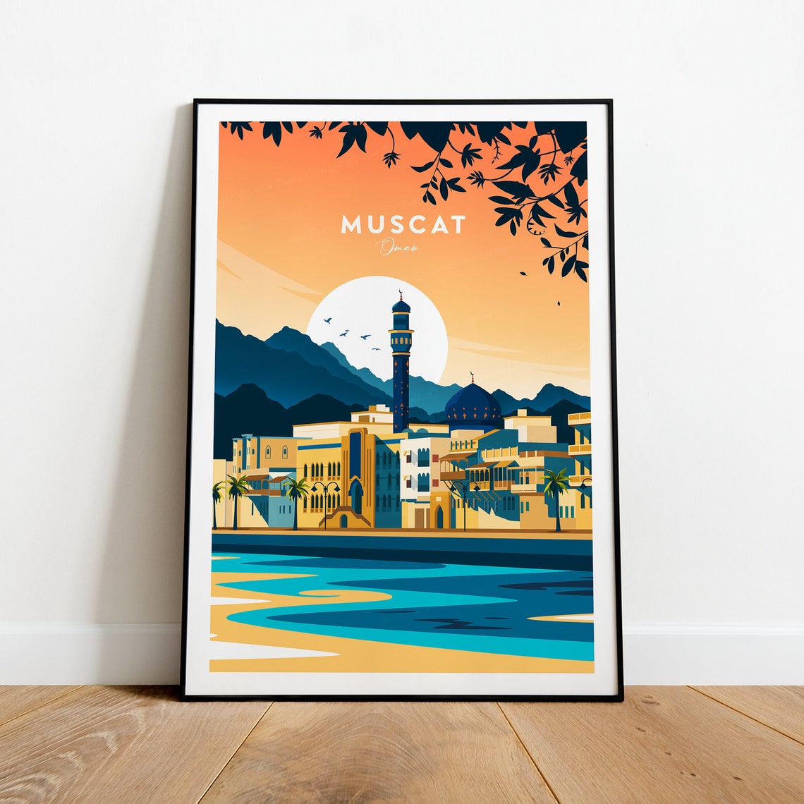 Muscat Oman Sunset Mosque Minaret Waterfront Cityscape Poster