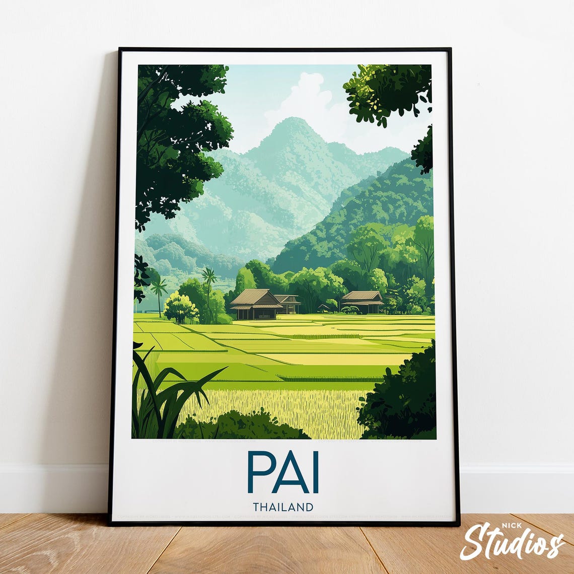 Pai Thailand Lush Rice Fields Mountain Valley Retro Travel Poster
