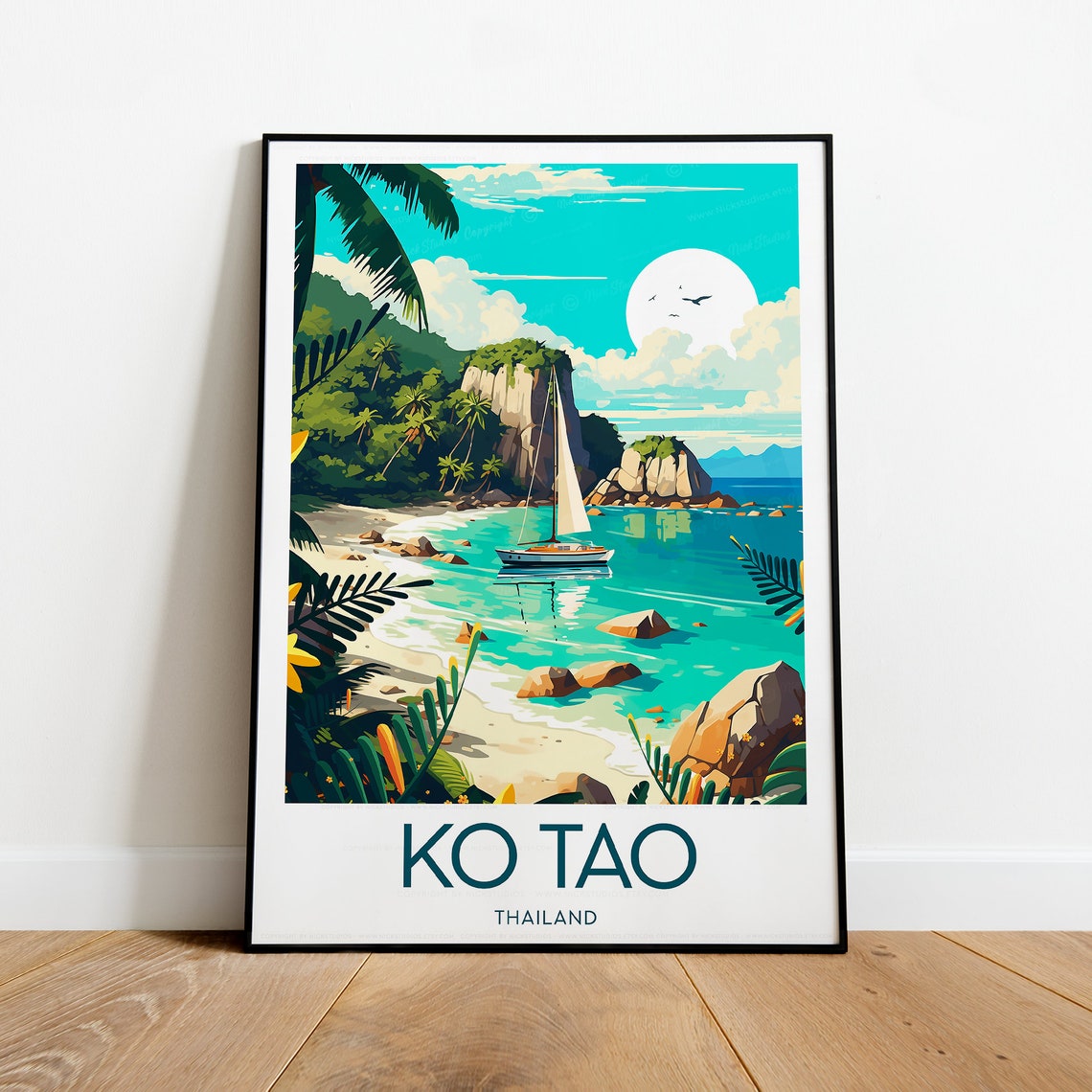 Ko Tao Thailand Island Beach Sailboat Rocky Cliffs Scene Poster