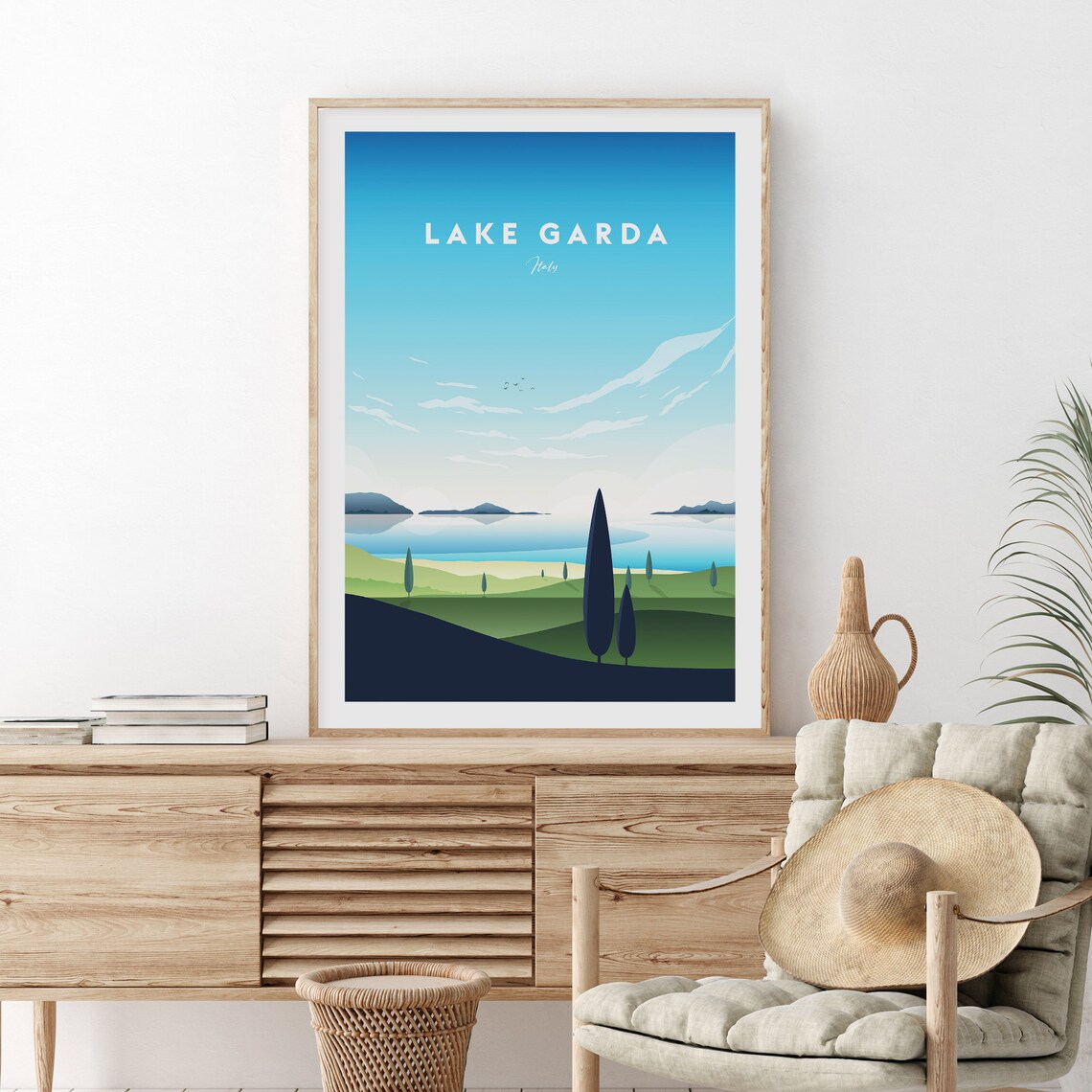 Lake Garda Italy Cypress Hills Minimalist Lakeside Travel Poster